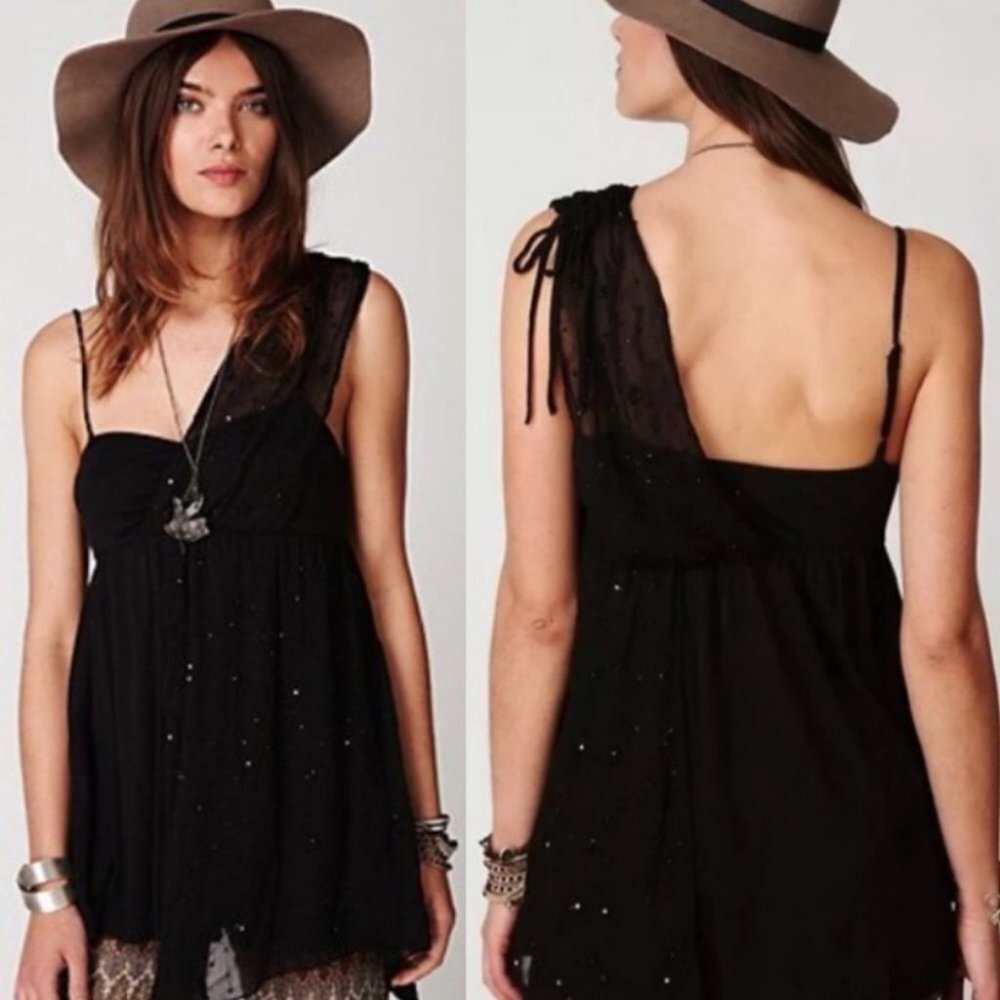 Free People One Shoulder Square Neck Fairuza Black Sequin Tunic Tank Top Size XS